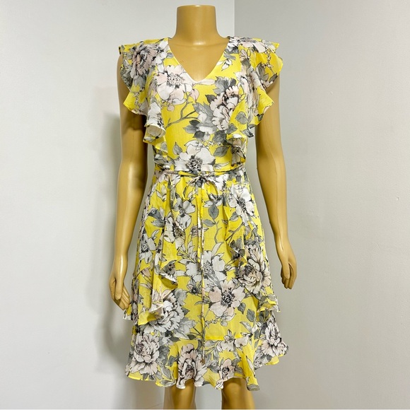 Tommy Hilfiger Dresses & Skirts - Tommy Hilfiger Yellow Floral Ruffle Tiered Dress Size 2 V-Neck Tie Waist Cap